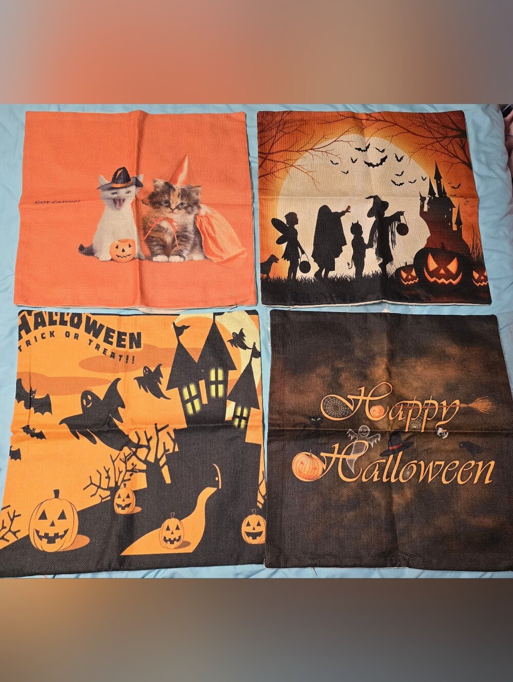 4 Pc Halloween Pillow Cases Kitty Ghost - Orange and Black